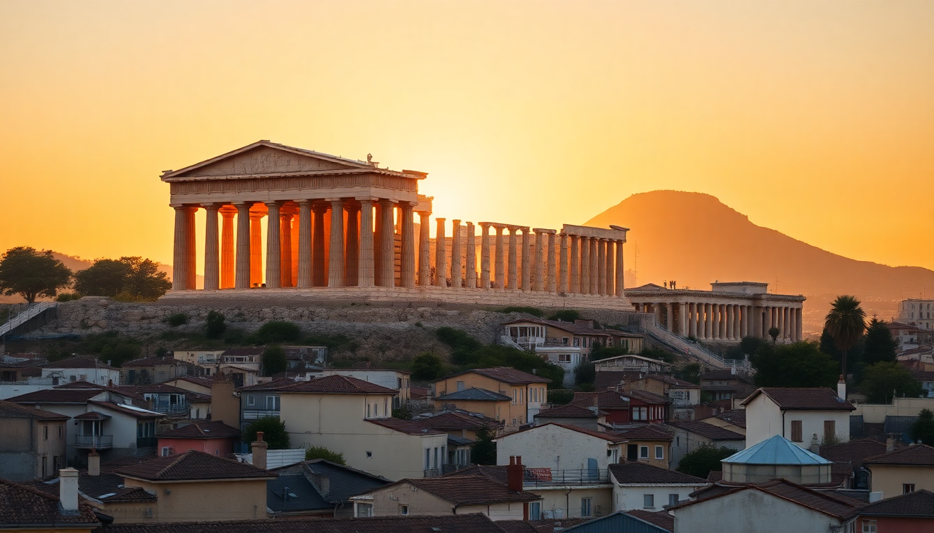 The Acropolis and Parthenon temple rise above Athens rooftops with Mount Lycabettus visible in the background at sunset.
