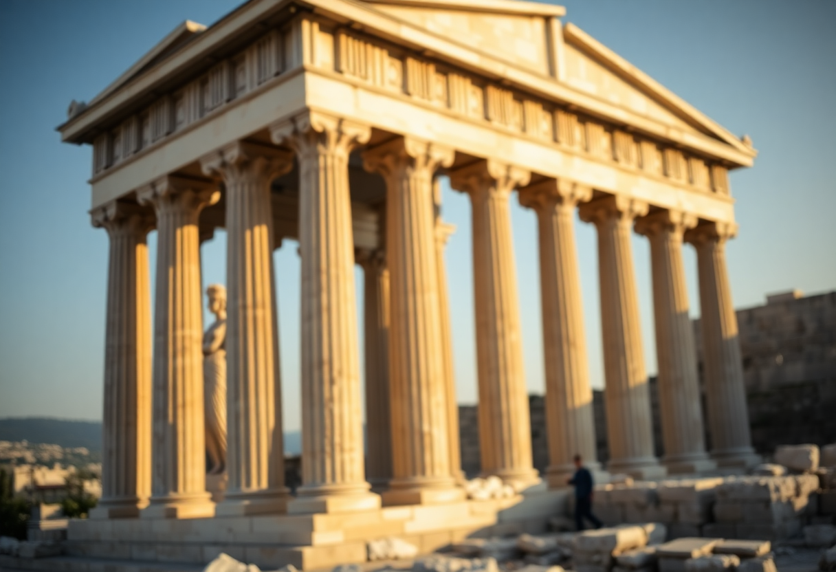The Erechtheion's Caryatid porch on the Acropolis with six marble maiden columns supporting the temple roof in morning light.