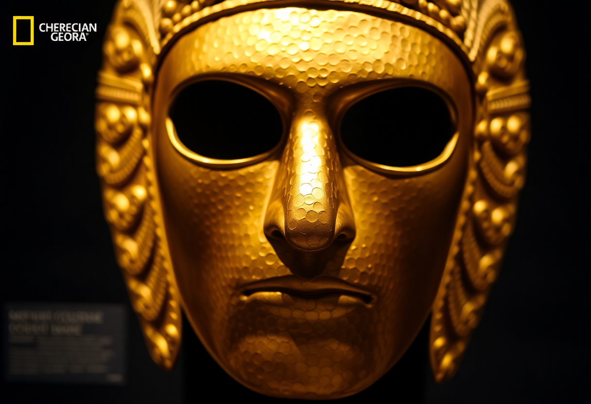 The golden Mask of Agamemnon from Mycenae displayed in the National Archaeological Museum, Athens, under soft gallery lighting.
