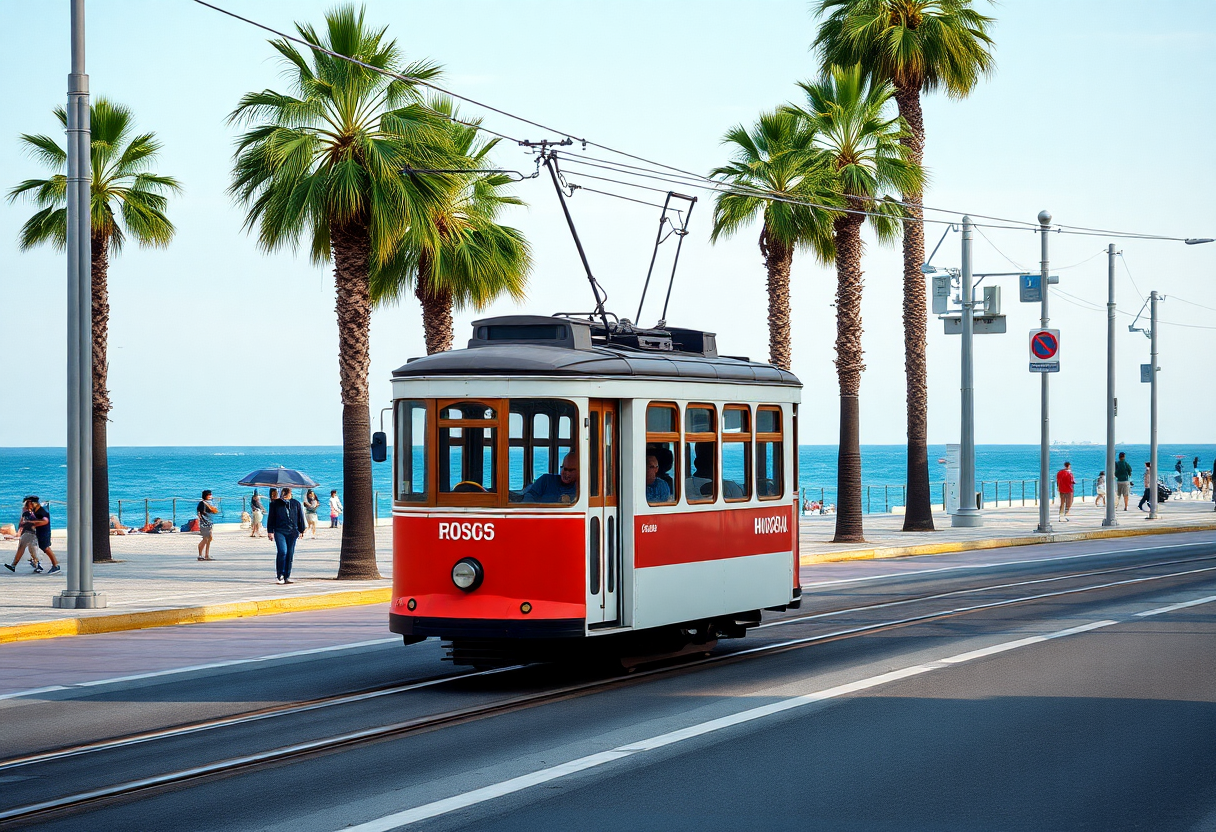 Athens tram travels along coastal tracks beside the Saronic Gulf with palm trees and beachfront promenade visible in the afternoon light.