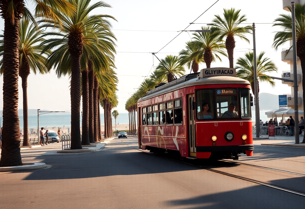 Athens tram travels along the Glyfada beachfront with palm trees and the Saronic Gulf in the background during afternoon light.