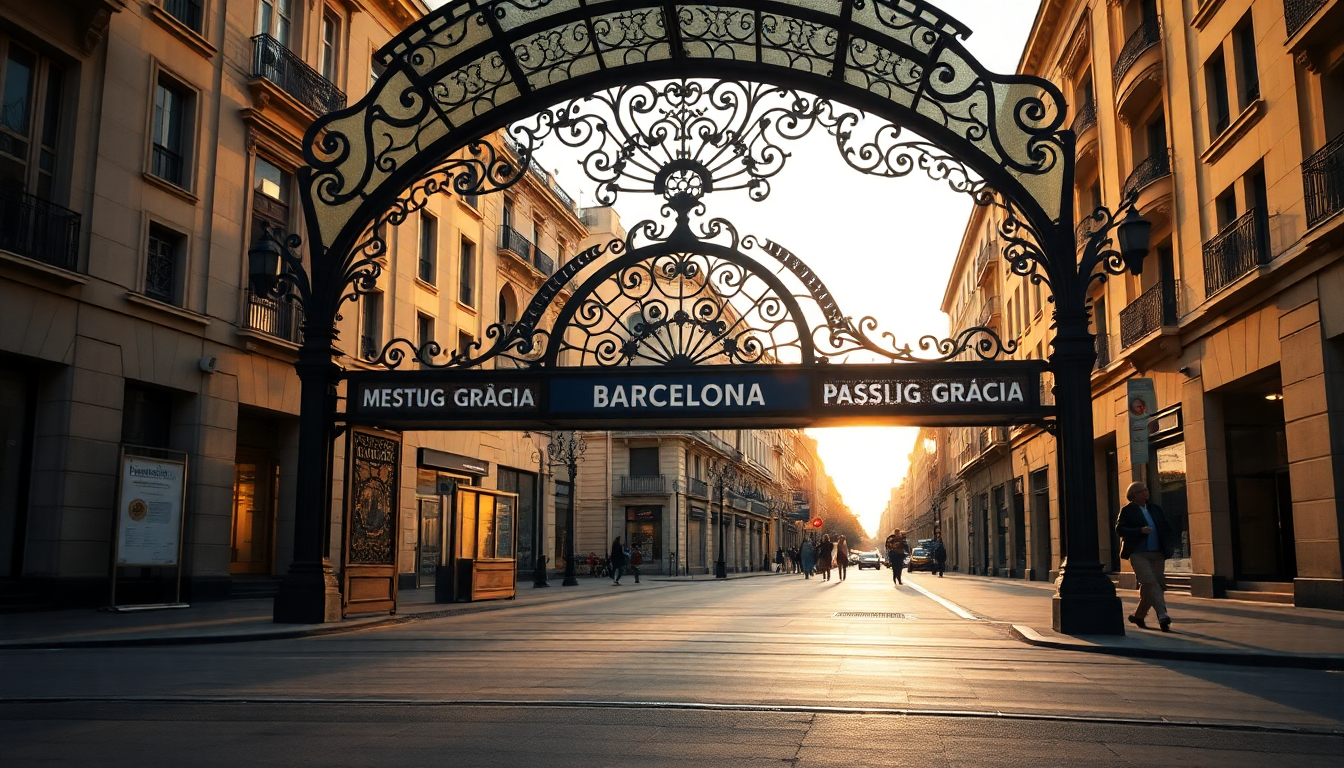 Barcelona Metro entrance with Art Nouveau canopy at Passeig de Gràcia station during golden hour on Eixample boulevard.