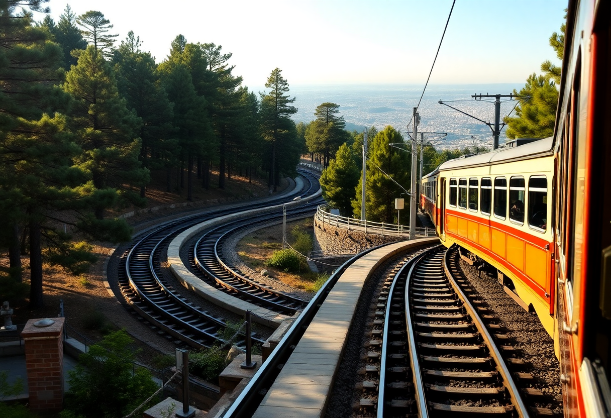FGC funicular platform at Tibidabo with tracks curving through forested hillside and Barcelona visible in the valley below.