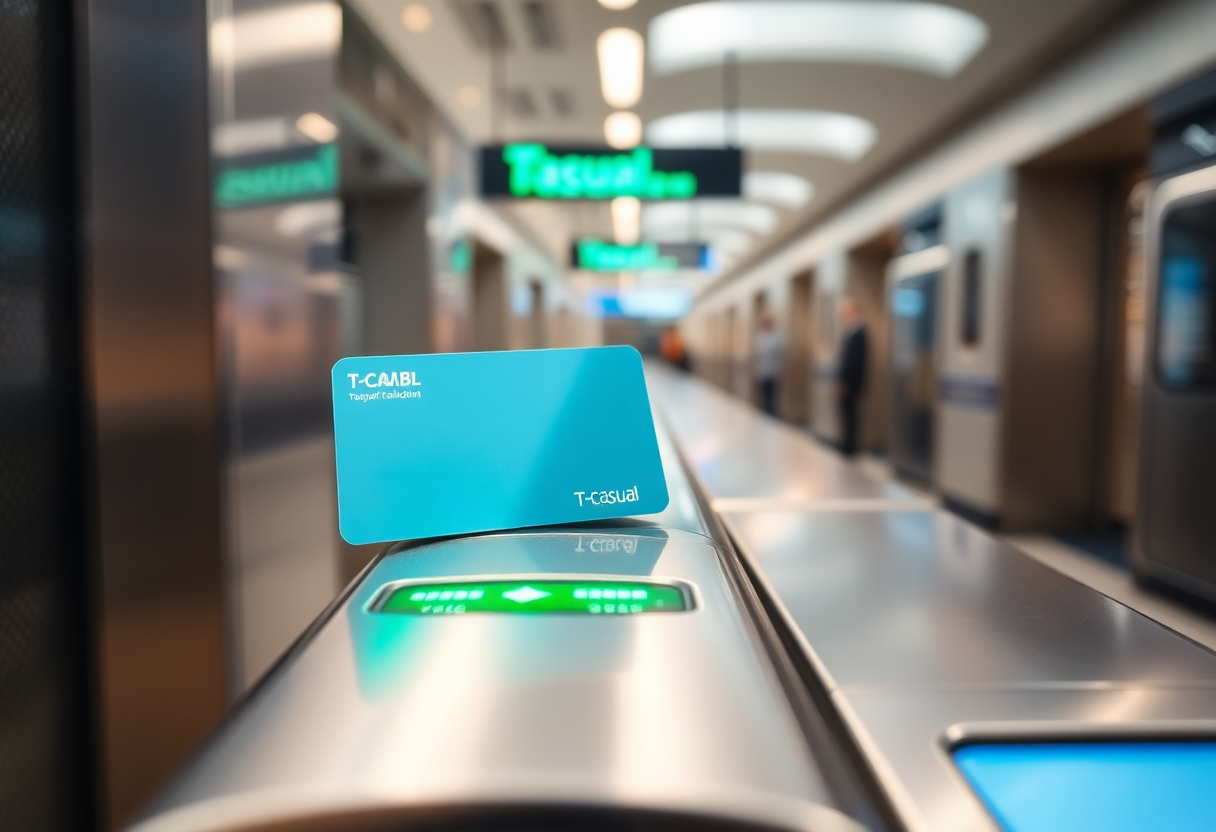 A T-casual transport card being validated at a Barcelona metro turnstile with the reader's green light illuminated.