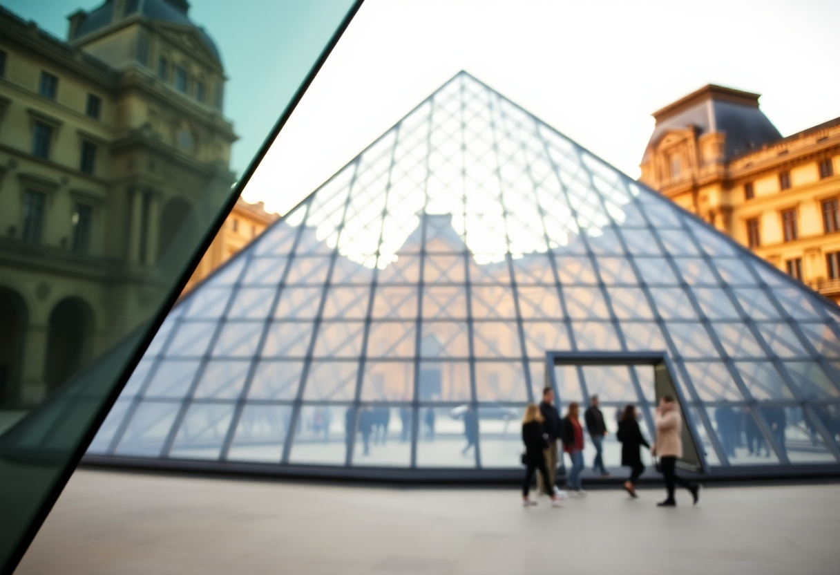 The Louvre Museum's glass pyramid in the central courtyard with the historic palace façade behind it during early morning hours.