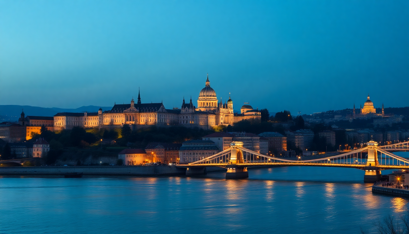 Buda Castle and Matthias Church rise above the Danube river with Chain Bridge and Parliament building illuminated at twilight in Budapest.