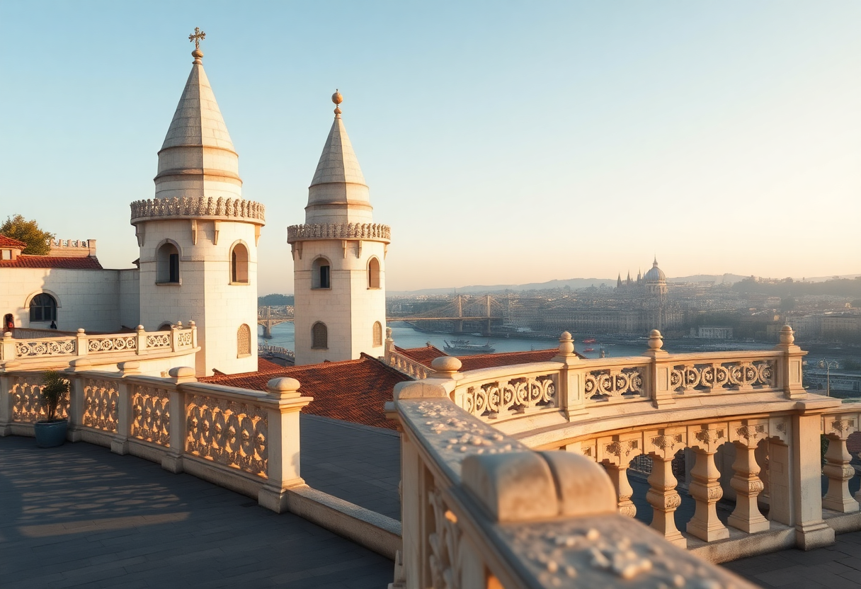 Fisherman's Bastion white stone towers on Castle Hill overlooking the Danube River and Pest at sunrise in Budapest.