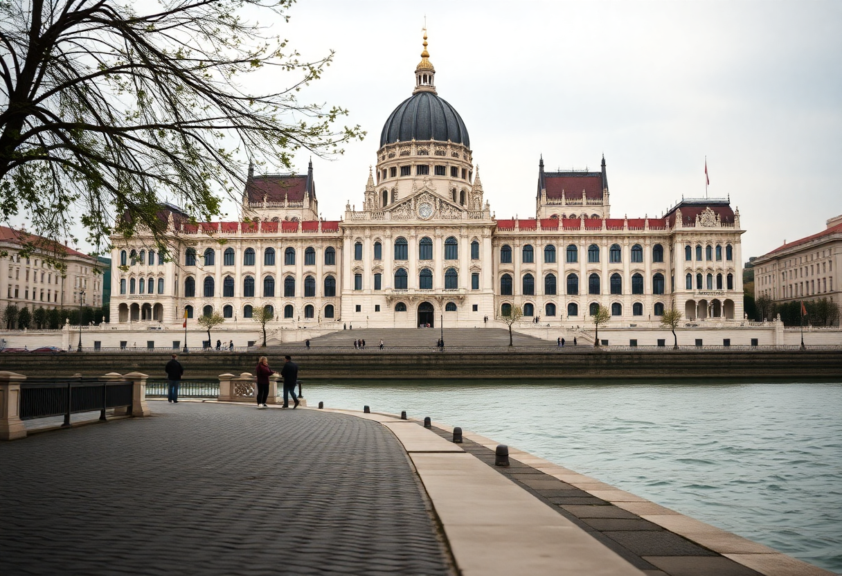 The Hungarian Parliament Building viewed from the Pest embankment with its neo-Gothic façade and central dome in soft morning light.