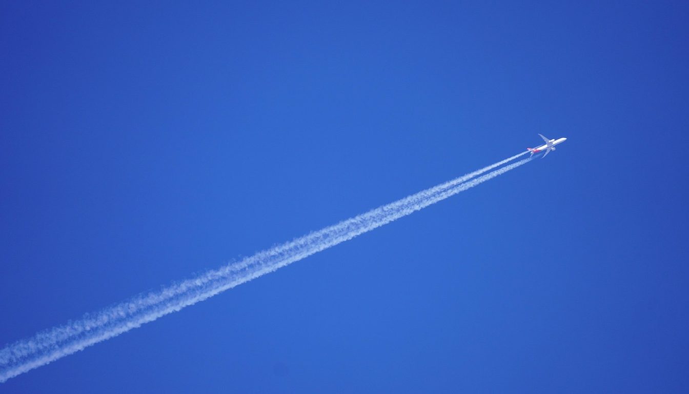 Passenger jet high in a clear blue sky leaving a long diagonal white contrail behind it