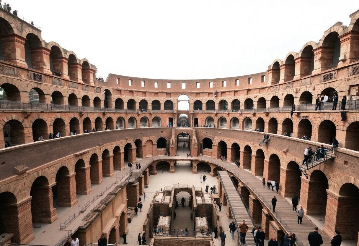 The Colosseum's arena floor reveals underground hypogeum chambers with wooden walkways where gladiators once entered the amphitheater.
