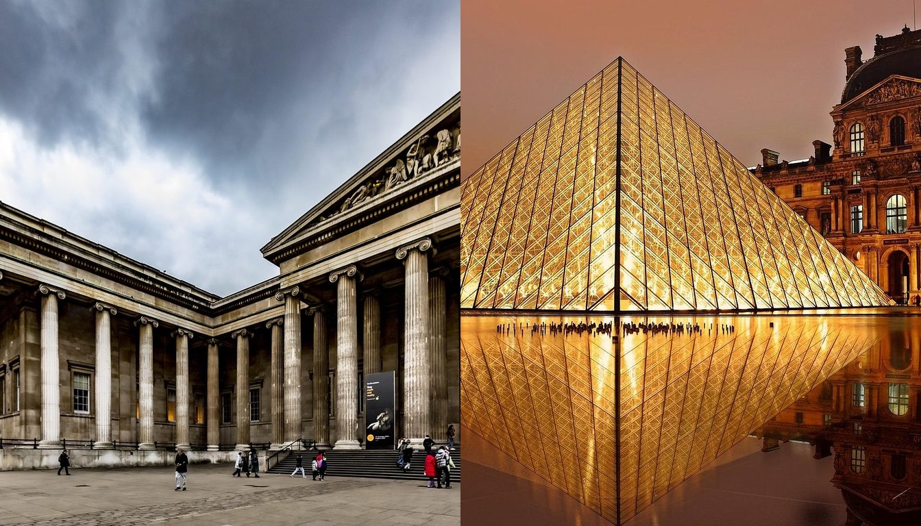 Columned neoclassical facade of the British Museum in London under a cloudy sky, with visitors on the forecourt / Illuminated Louvre glass pyramid at dusk reflected in water, with the lit palace facade behind it