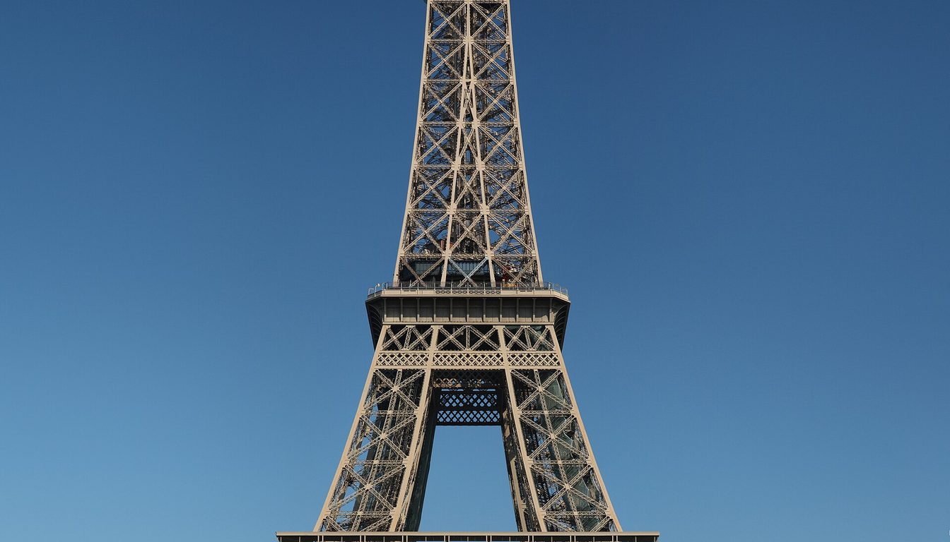 Full Eiffel Tower under a clear blue sky, seen from the lawn of the Champ de Mars with trees on both sides