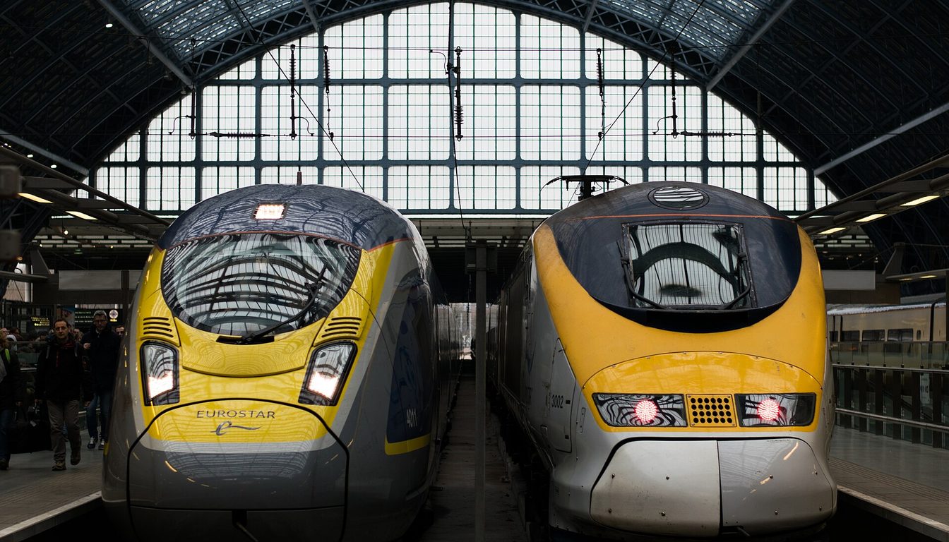 Two Eurostar trains side by side at St Pancras International beneath the station's arched glass roof