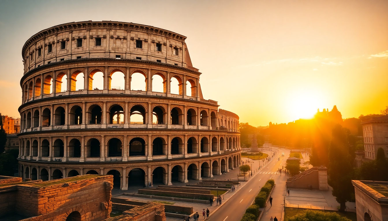 The Colosseum stands illuminated by golden hour light with Roman Forum ruins visible in the background.