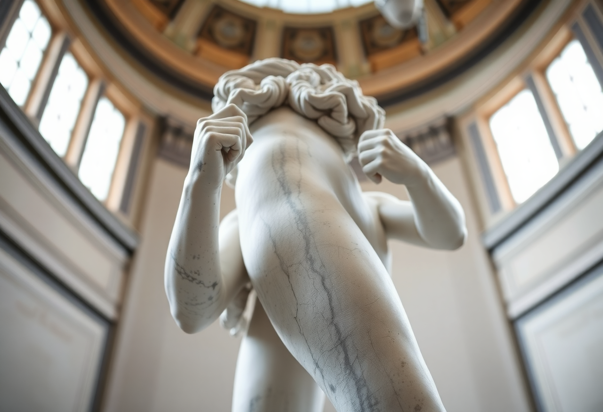 Bernini's David marble sculpture displayed in the intimate gallery space of Galleria Borghese in Rome.