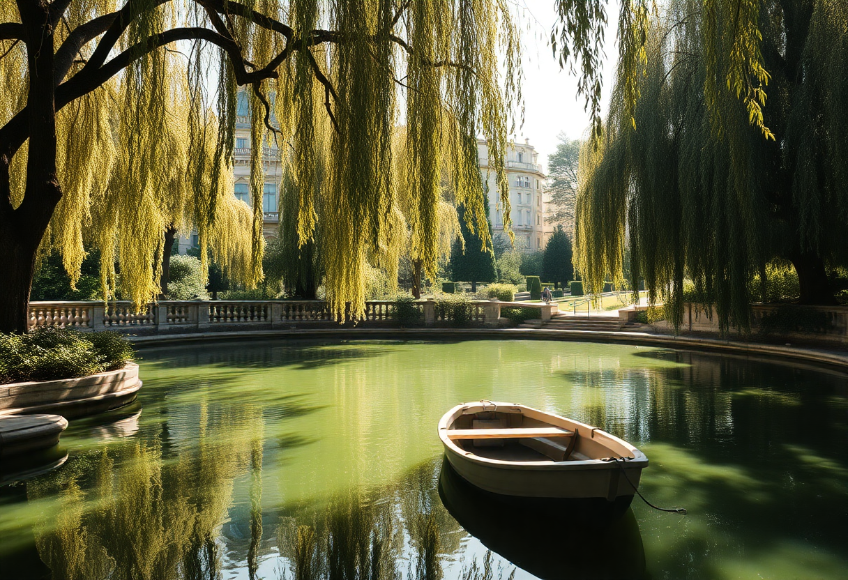 A rowboat floating on the peaceful lake in Villa Borghese park with willow trees reflected in the water.