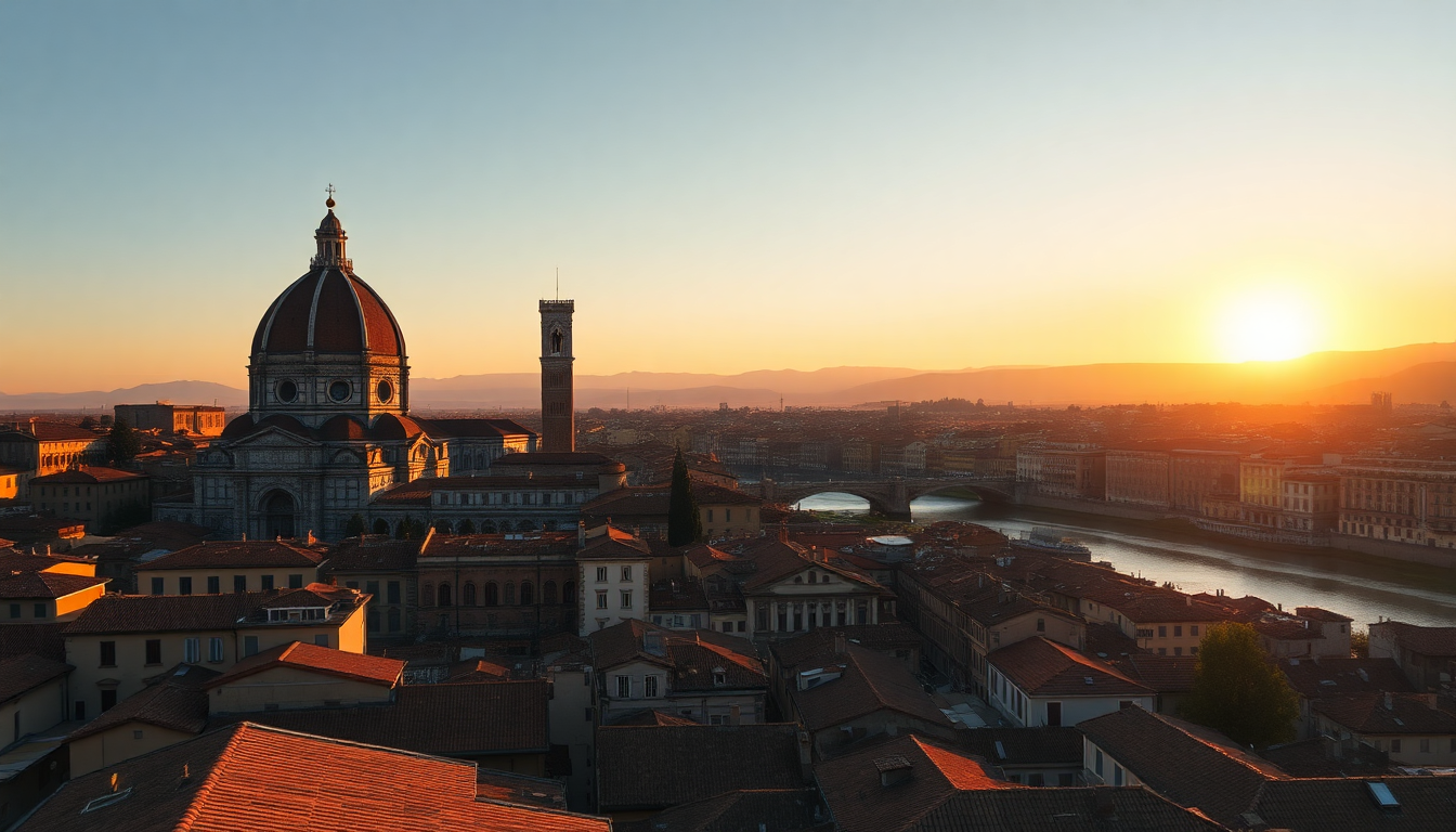 Florence cityscape from Piazzale Michelangelo showing the Duomo dome and Palazzo Vecchio tower above terracotta rooftops at golden hour.