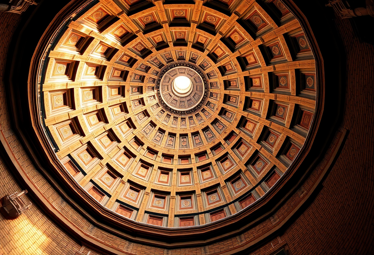 Interior view of Brunelleschi's Dome showing octagonal coffered panels and herringbone brick construction in Florence Cathedral.