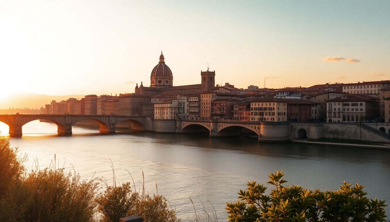 The Arno River flows past Ponte Vecchio with Palazzo Vecchio tower visible beyond Florence's terracotta rooftops at golden hour.