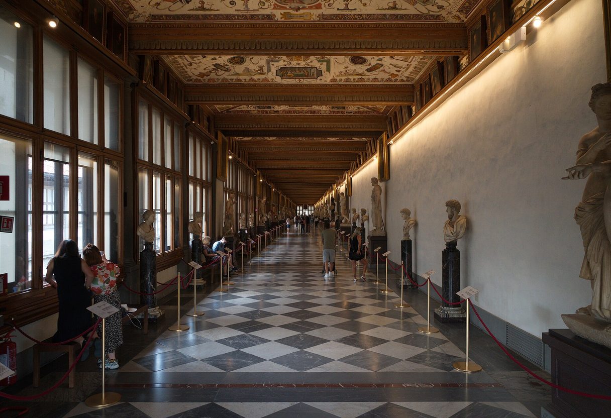 Long Uffizi Gallery corridor with frescoed ceiling, marble statues, checkered floor and visitors walking