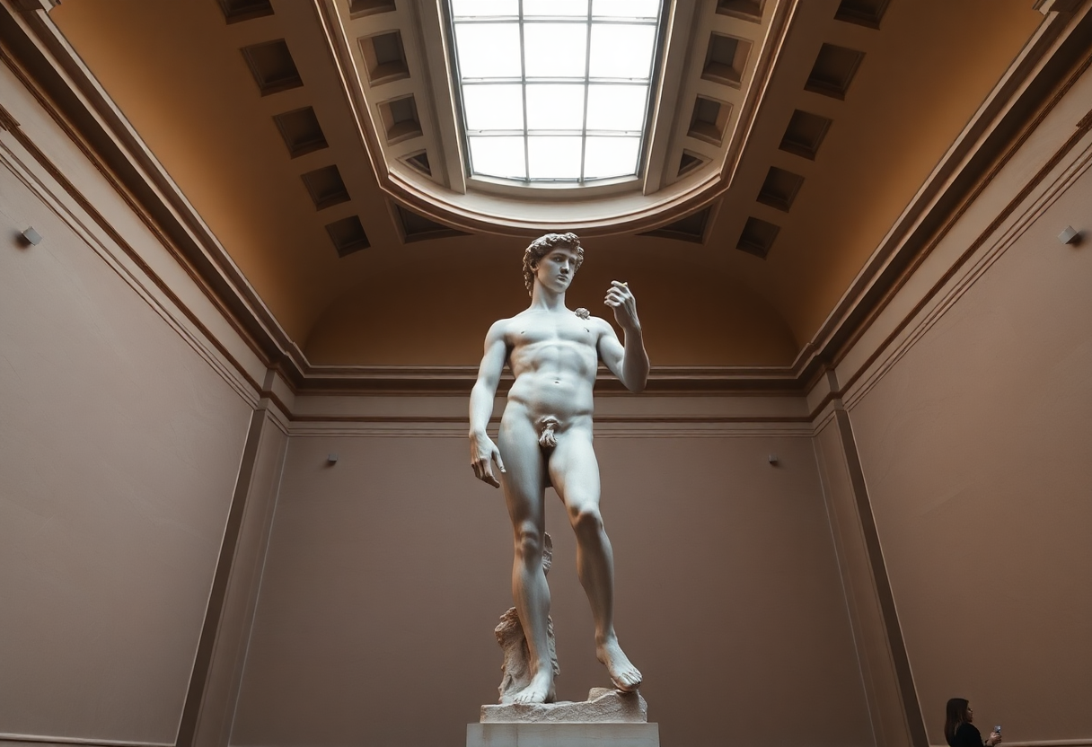 Michelangelo's David statue stands in the Accademia Gallery tribune under natural skylight illumination in Florence.