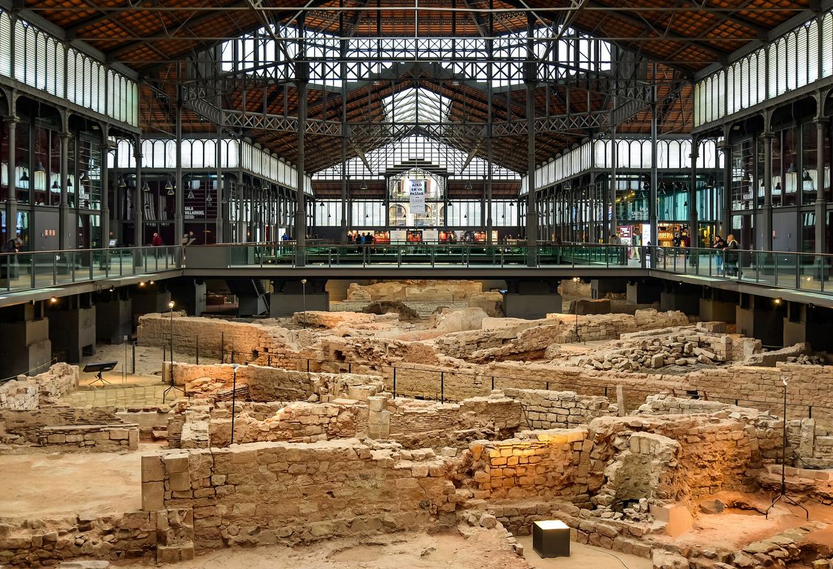 Archaeological remains of 1700s Barcelona streets beneath the iron-and-glass roof of El Born Centre de Cultura i Memòria