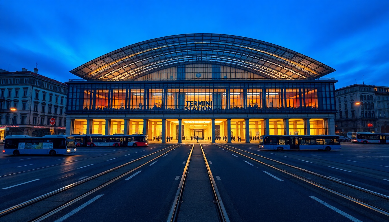 Rome Termini Station's glass facade at twilight with converging bus lanes and tram tracks in the foreground.