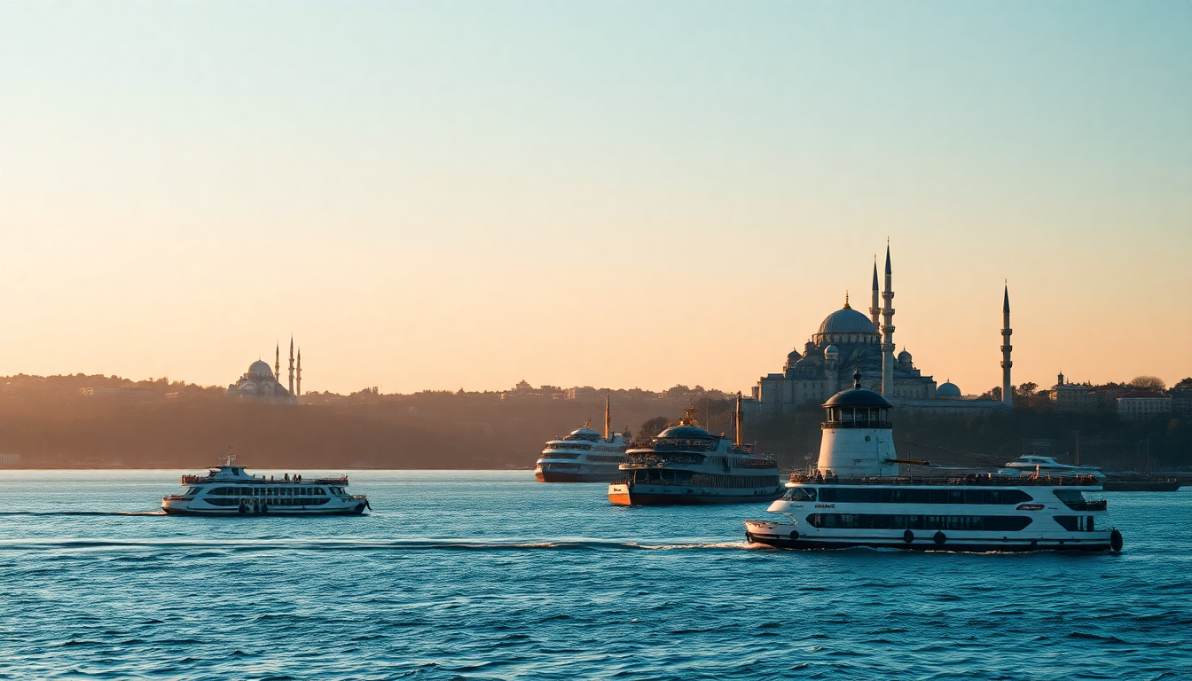 The Bosphorus strait at sunset with Hagia Sophia and Blue Mosque on the European shore and Maiden's Tower in the water.