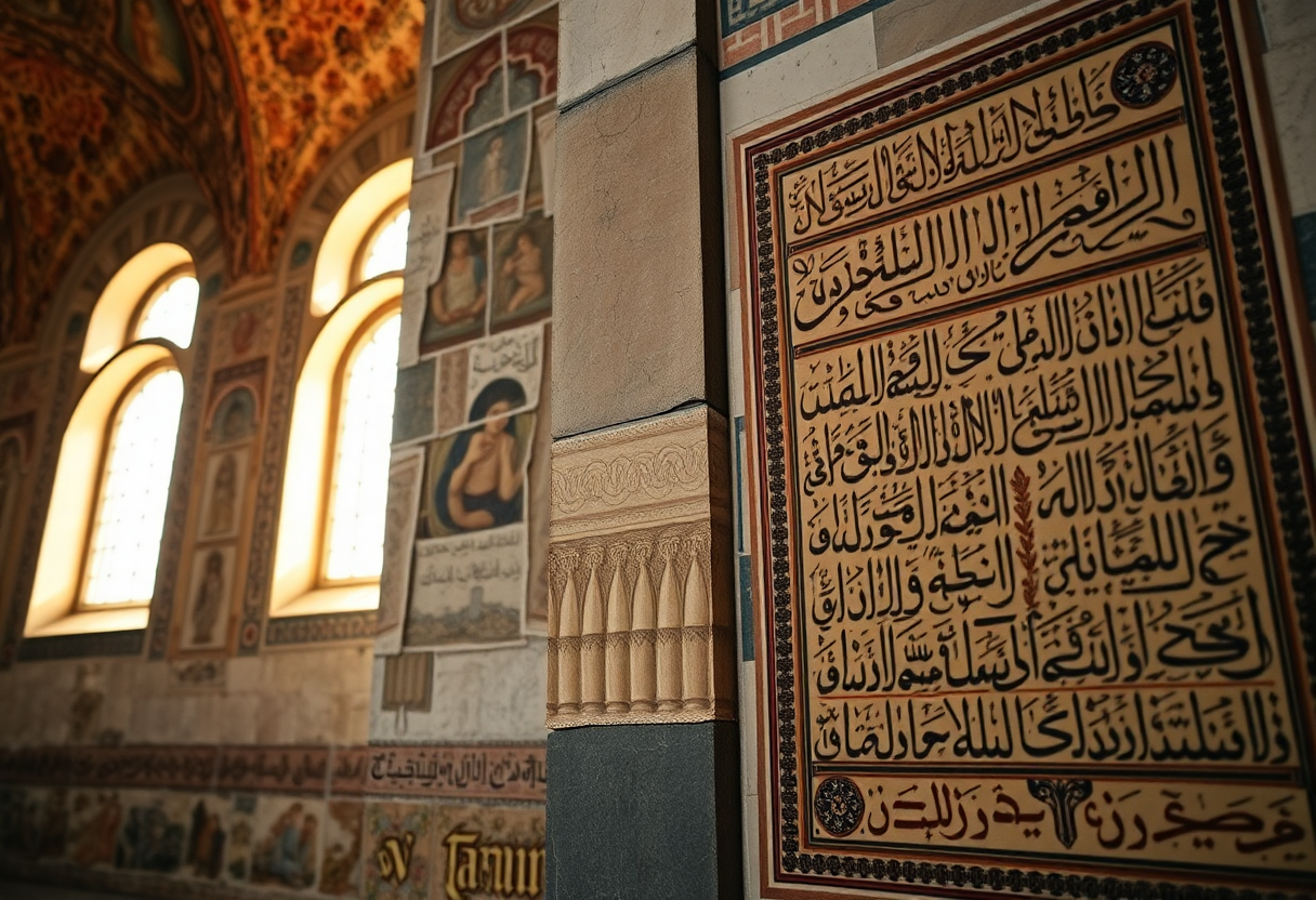Byzantine mosaic work and Ottoman calligraphy panels on the interior walls of Hagia Sophia in Istanbul's Sultanahmet district.