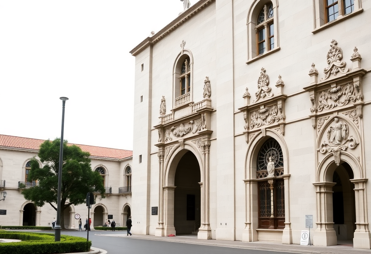 Jerónimos Monastery's ornate Manueline façade stands along the Tagus estuary in Belém under soft morning light.