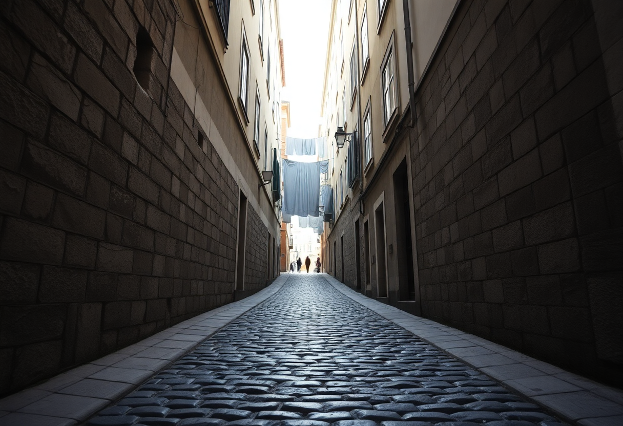 A narrow cobblestone alley winds uphill through Alfama's medieval quarter in Lisbon with weathered tiles and laundry overhead.