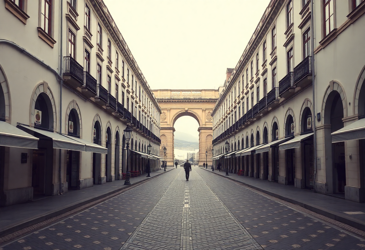 Rua Augusta street in Baixa district showing symmetrical Pombaline building facades and mosaic pavement leading toward the triumphal arch.