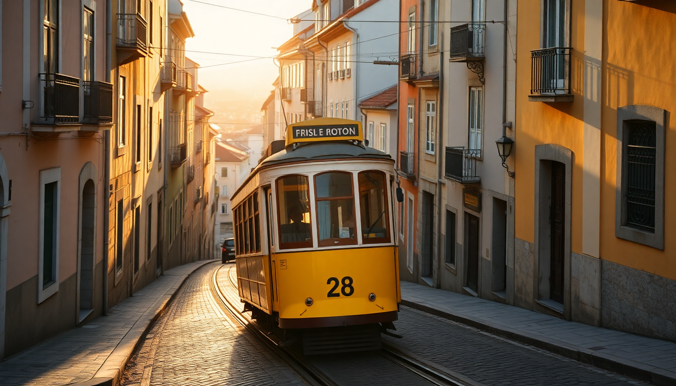 Yellow Tram 28 ascending a narrow cobblestone street in Lisbon's Alfama district during golden hour with pastel buildings.