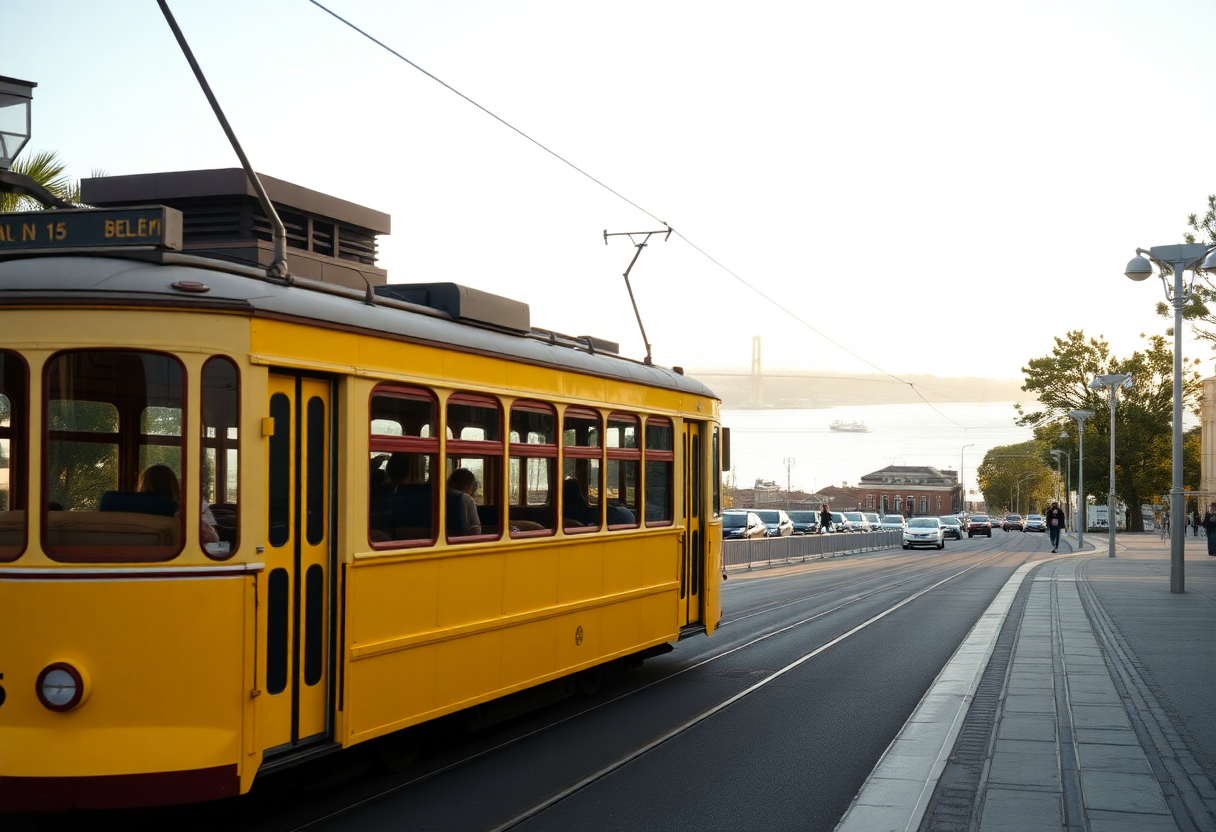 Yellow Tram 15 travels along the Tagus River waterfront toward Belém with the river and distant shore visible in morning light.