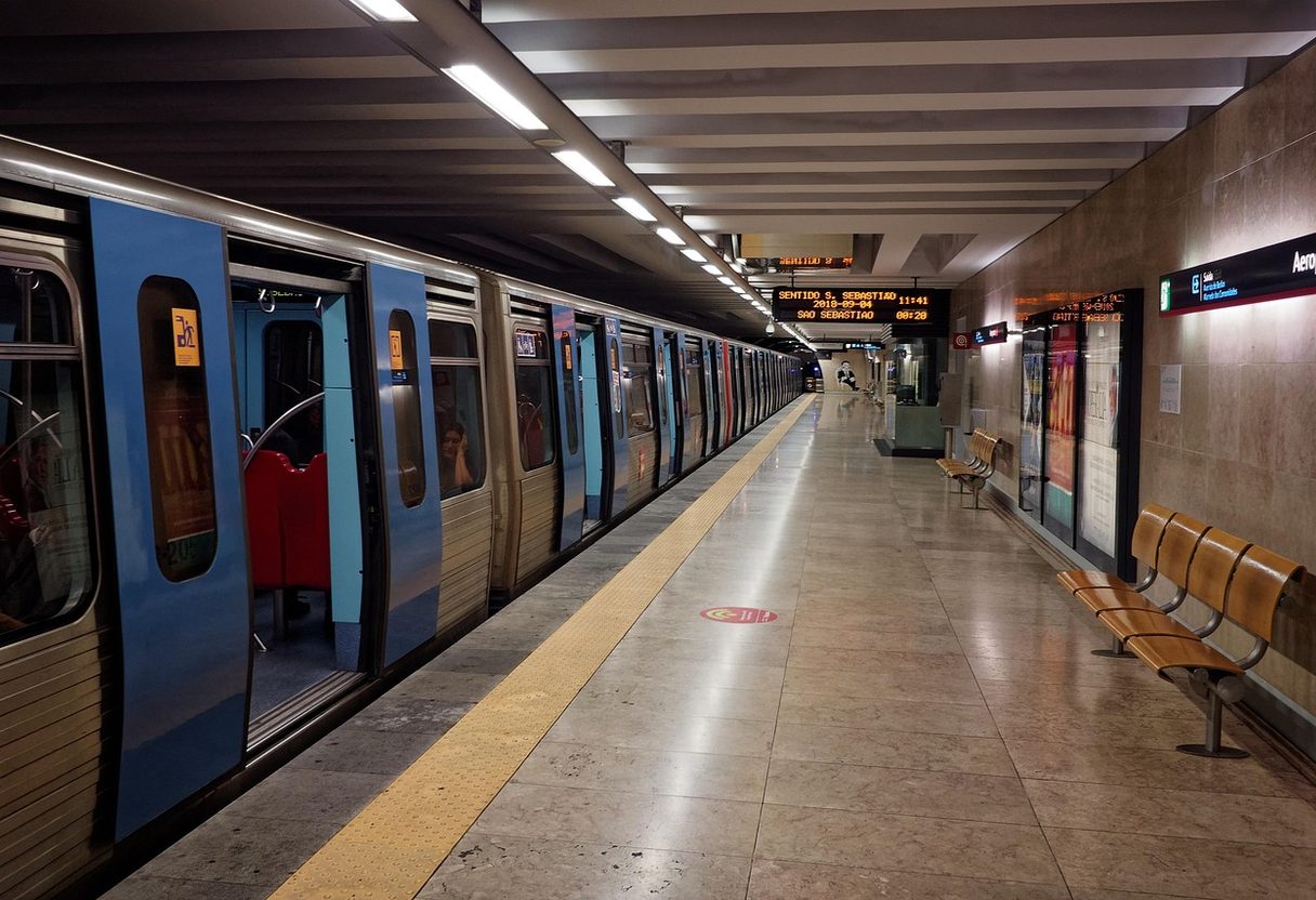 Lisbon Metro train with blue doors at a marble-floored platform with wooden benches and departure boards