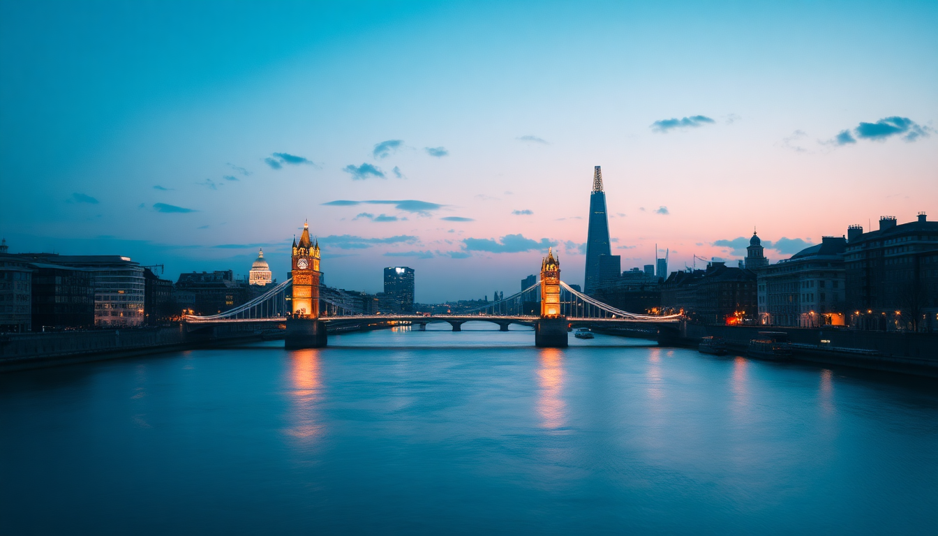 The Thames river winds through London at dusk with Tower Bridge and The Shard visible against a twilight sky.
