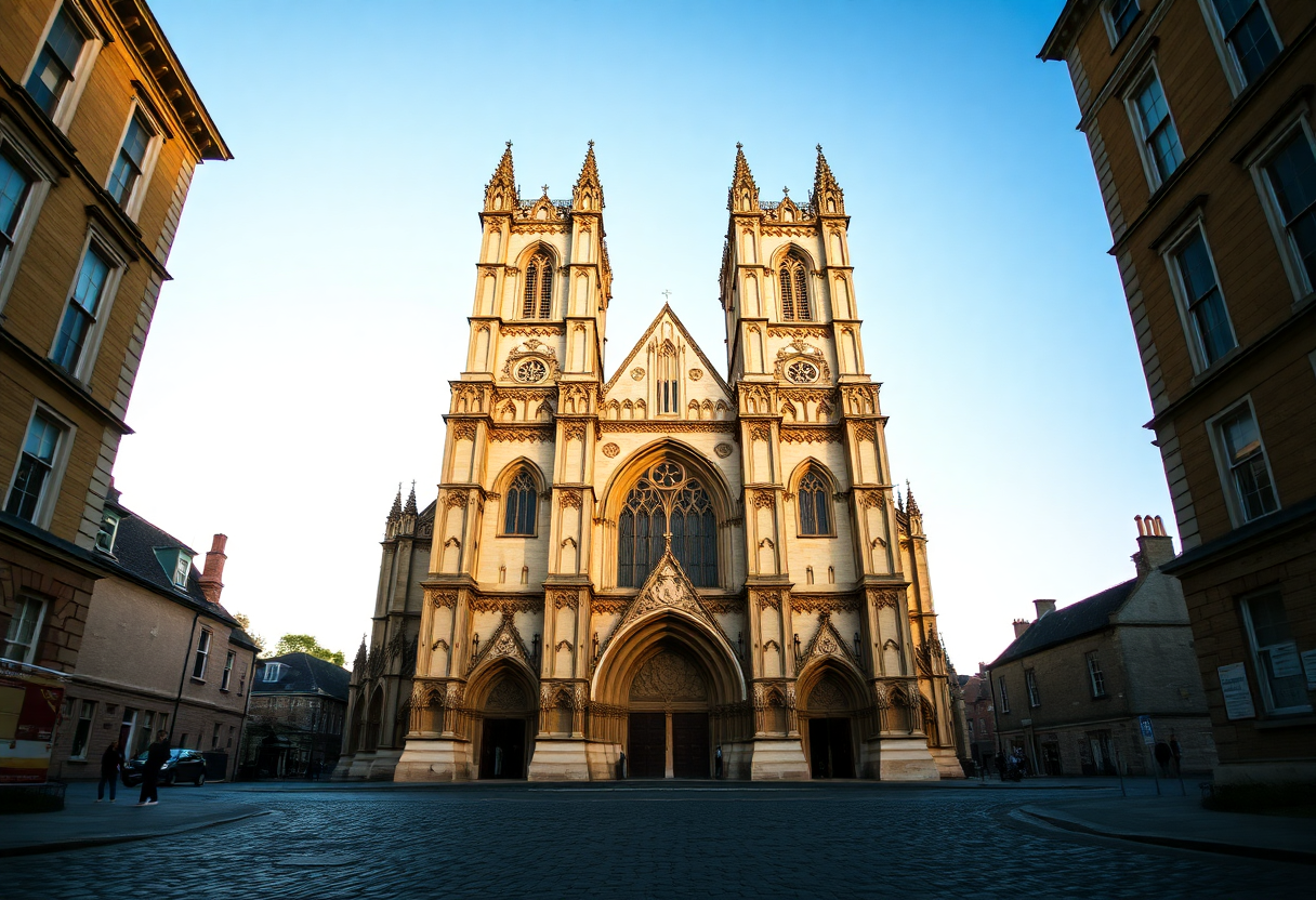 Westminster Abbey's Gothic west facade with twin towers and ornate stonework photographed in soft morning light from street level.