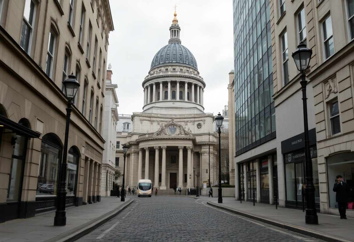 St Paul's Cathedral dome emerges between modern office towers on a narrow Cheapside lane in the City of London.