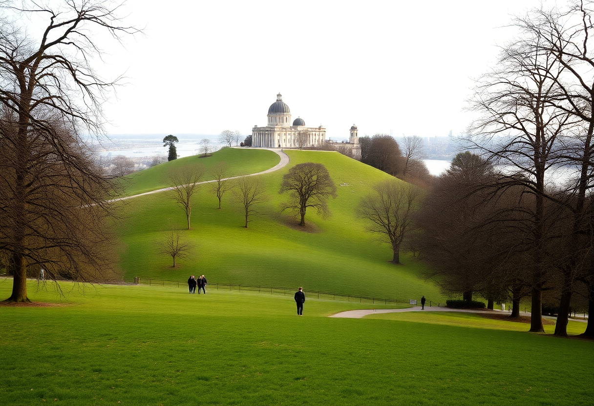 Greenwich Park's hillside slopes toward the Thames with the Royal Observatory buildings visible on the summit under autumn trees.