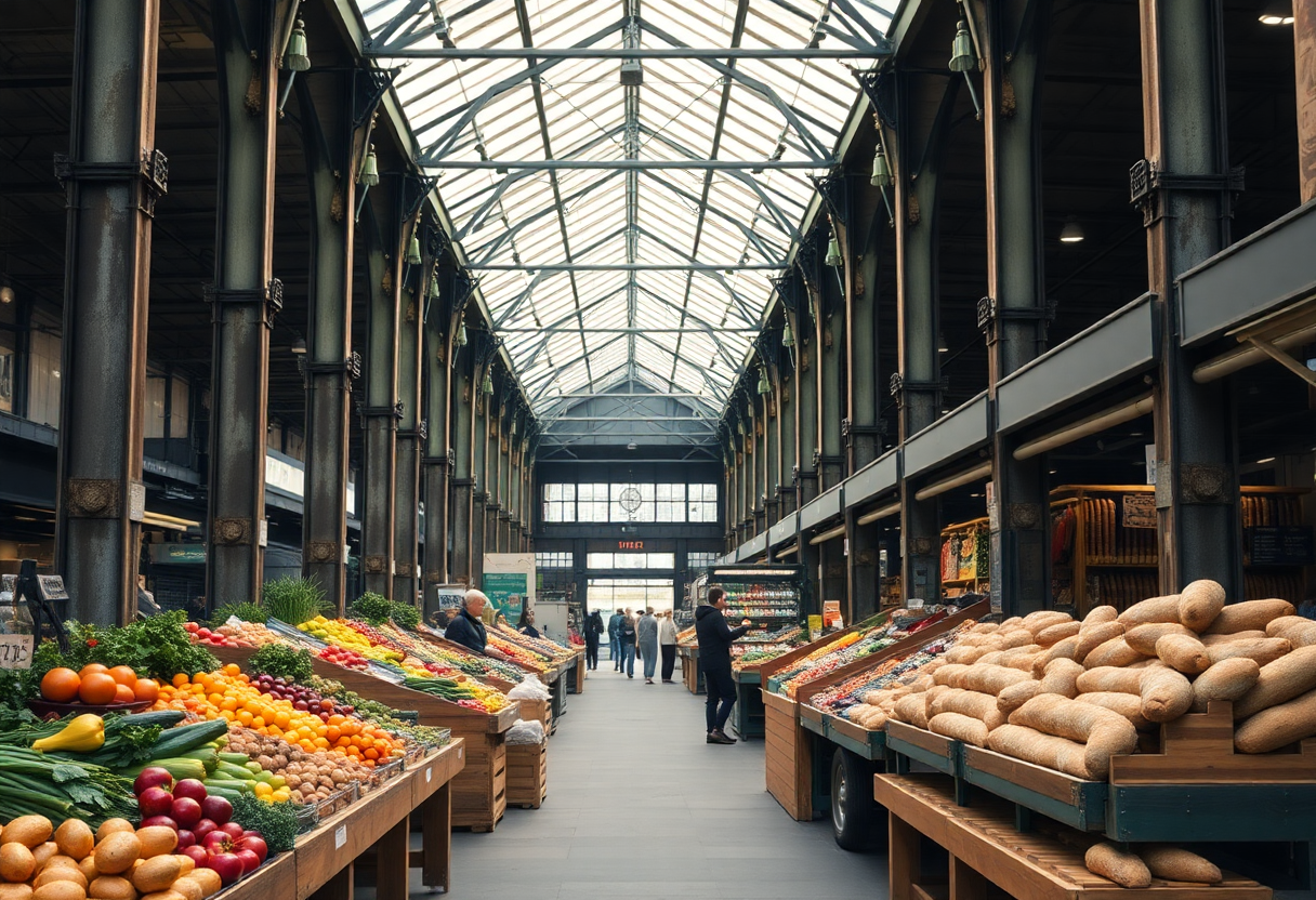 Borough Market's Victorian iron and glass hall with wooden produce stalls displaying fresh vegetables and breads in soft morning light.