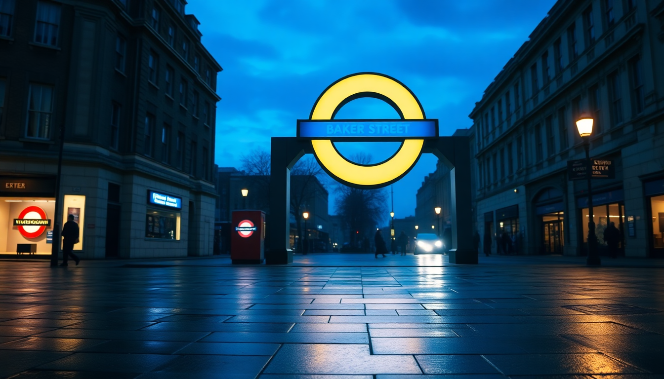 Baker Street Underground station entrance with illuminated London Transport roundel at twilight, wet pavement reflecting evening light.