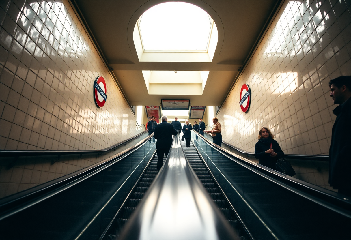 London Underground escalator interior showing the stand-right rule with passengers ascending toward daylight in morning commute.