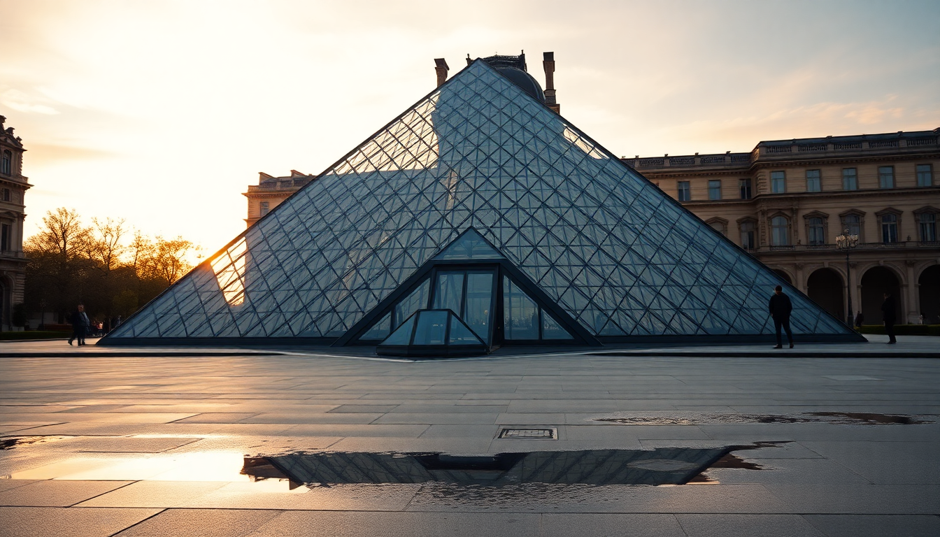 The Louvre Museum's iconic glass pyramid entrance reflects soft morning light with the historic Richelieu Wing visible behind in Paris.