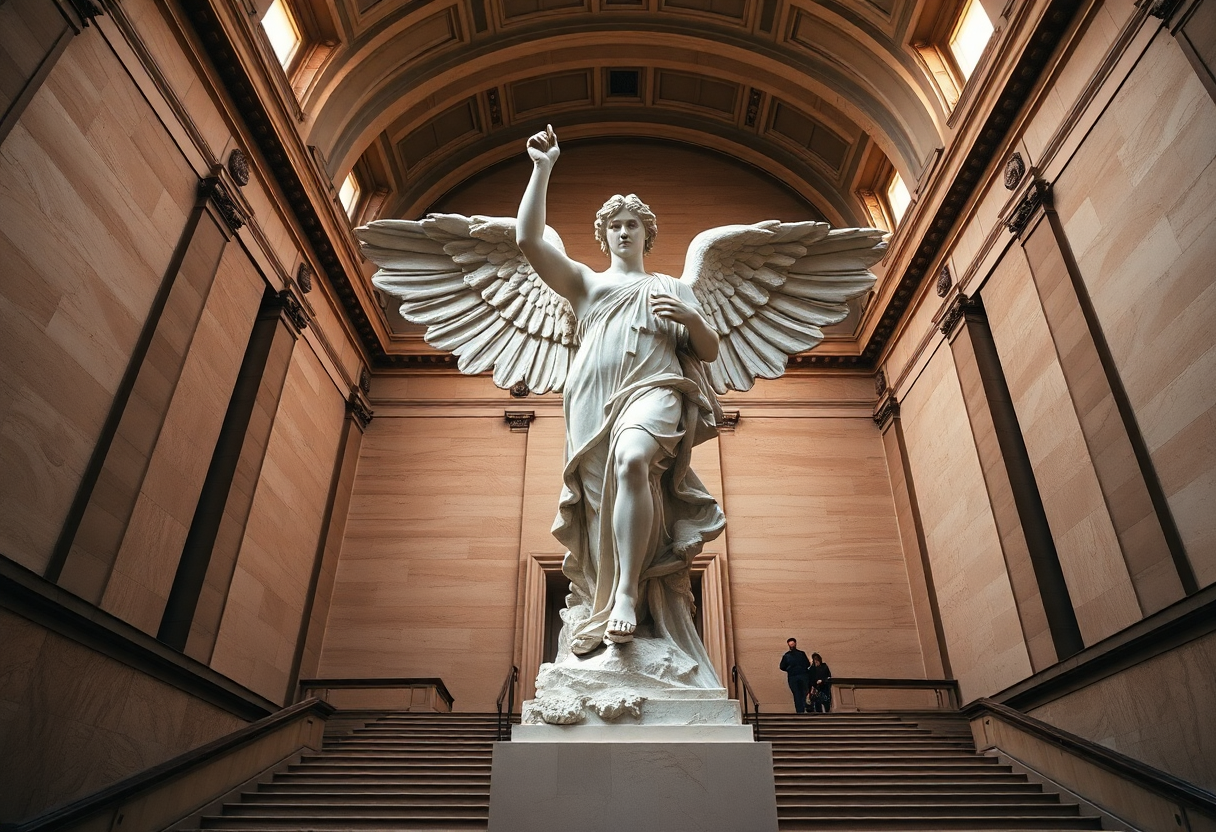 The Winged Victory of Samothrace sculpture stands at the top of the Daru staircase in the Louvre's Sully wing.