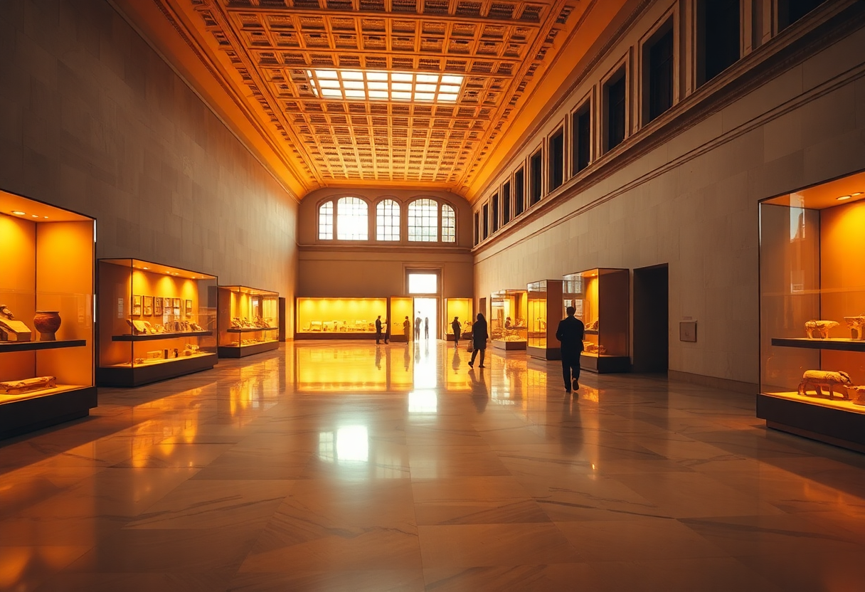 Empty gallery in the Louvre's Near Eastern Antiquities wing with illuminated display cases and polished marble floors.