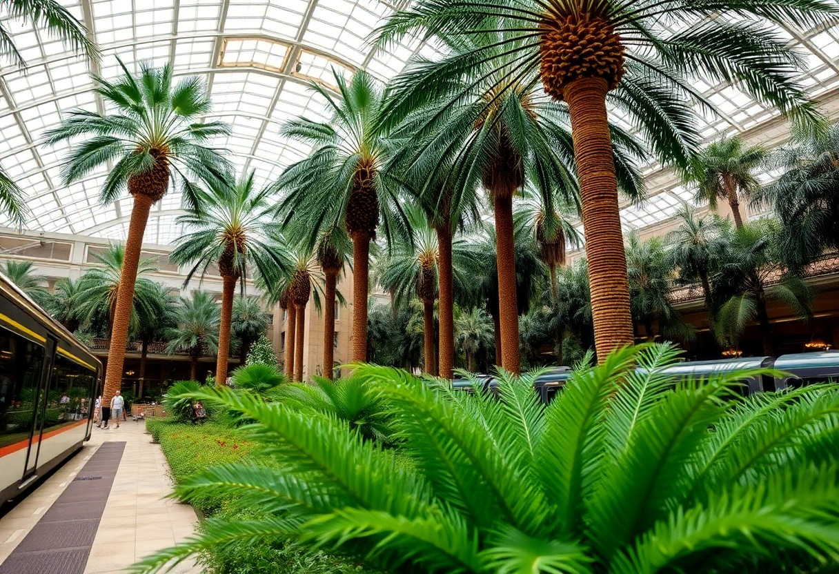 Atocha station's tropical garden atrium with palm trees and glass ceiling above the Cercanías platforms in Madrid.