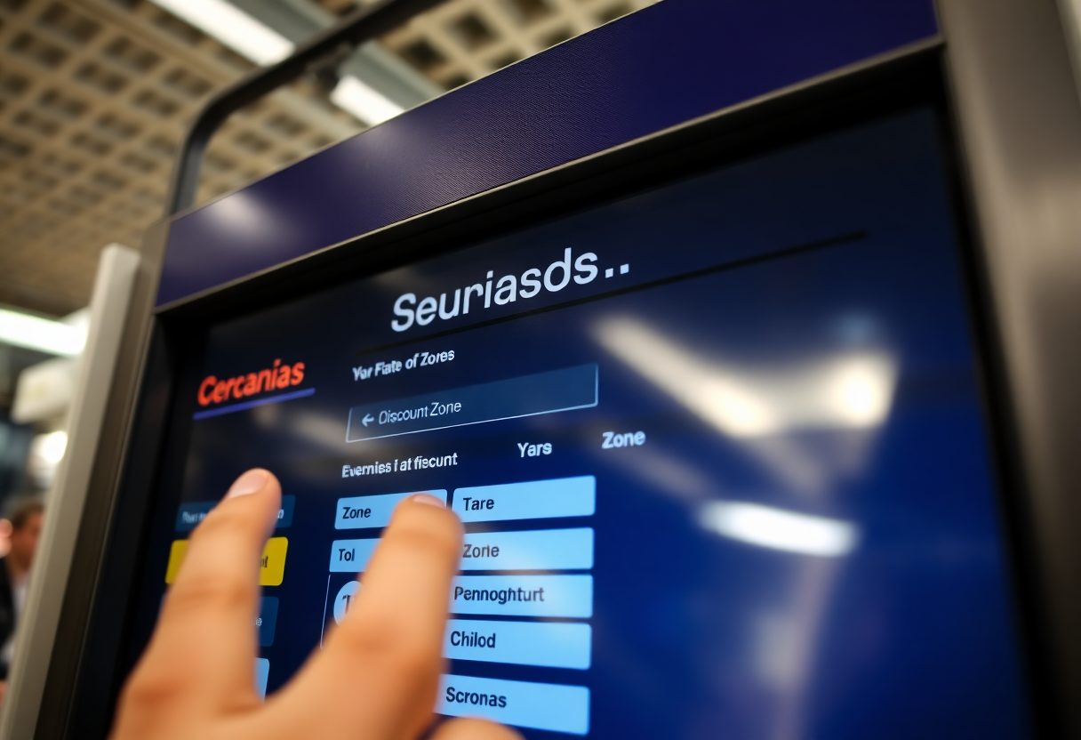 A traveler selects child discount fare options on a Cercanías ticket machine touchscreen at a Madrid station.