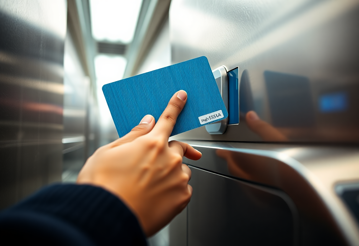 A Public Transport Card being inserted into a Madrid Metro turnstile validation slot with hand reaching toward the reader.