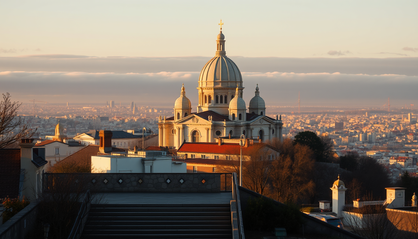 Sacré-Cœur Basilica crowns Montmartre hill with its white domes above terracotta rooftops at sunset in Paris.