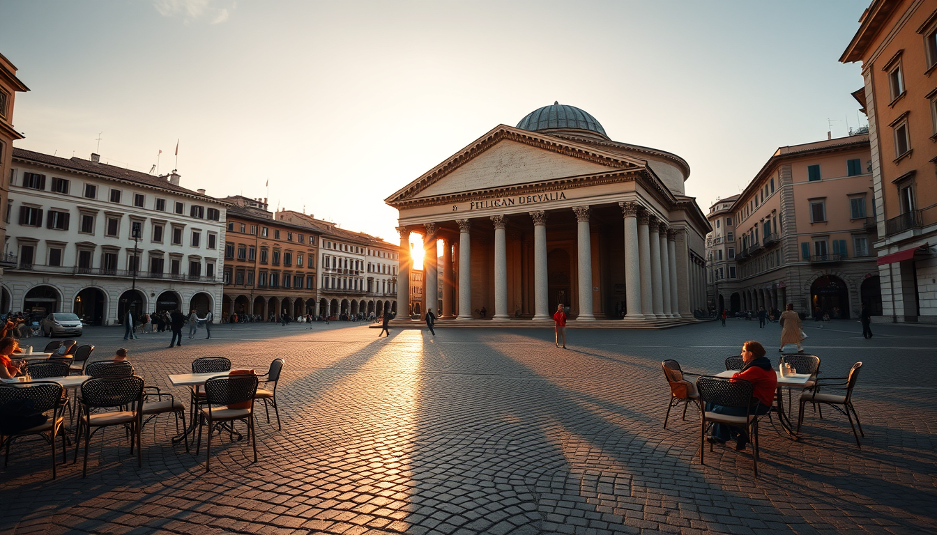 The Pantheon's ancient portico dominates Piazza della Rotonda at golden hour with cobblestone plaza and distant café umbrellas.